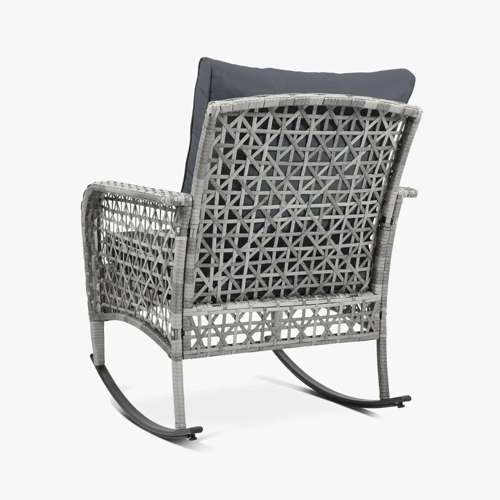 3-Piece Outdoor Furniture Set, Patio Conversation Chair, Wicker Cushioned Patio Rocker with Side Table for Porch, Garde