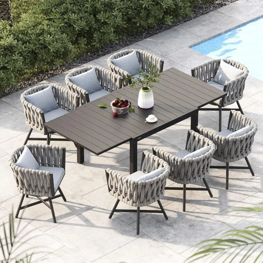9-Piece Outdoor Dining Set for 8, Patio Dining Furniture Set for 8 Swivel Rope Wicker Chairs