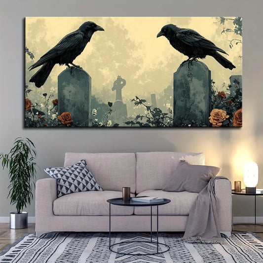 Halloween Crow and Floral Tombstone Canvas Wall Art
