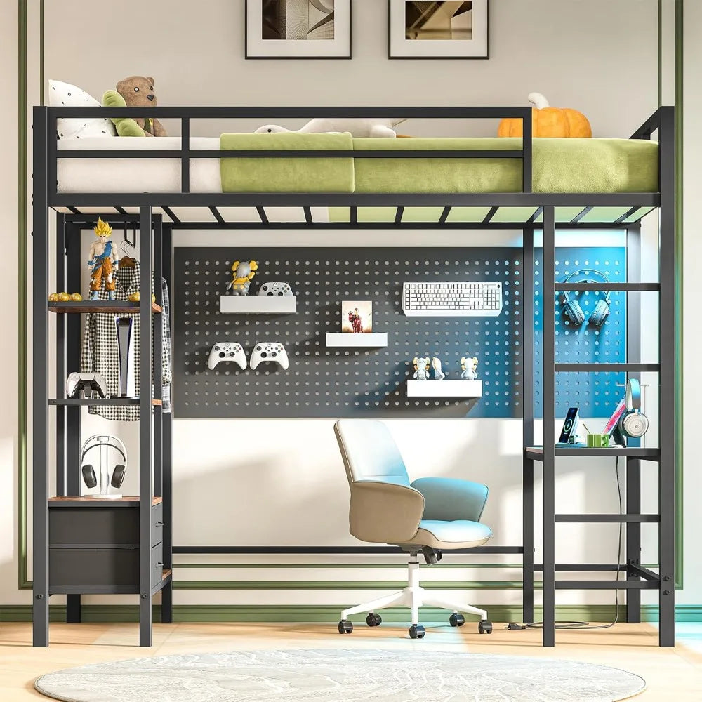 Loft Bed Twin Size with Desk and Charging Station Metal Twin Loft Bed with LED Lights, 4 Storage Shelves & 2 Fabric Drawers, Tw