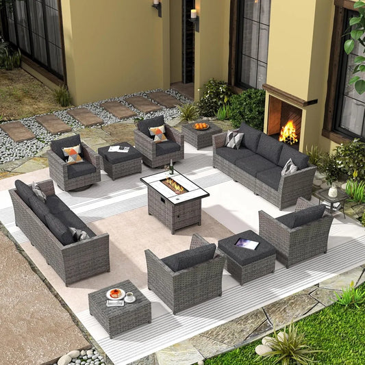 16 Pieces Patio Furniture Conversation Set,with 42" Fire Pit Table Rocking Chair,Outdoor Sectional Gray Wicker Sofa Set