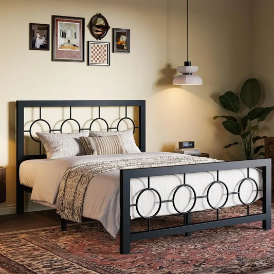 Full Size Bed Frame with Vintage Circular Design Headboard and Footboard, No Box Spring Required, Easy Assembly, Noise-Free