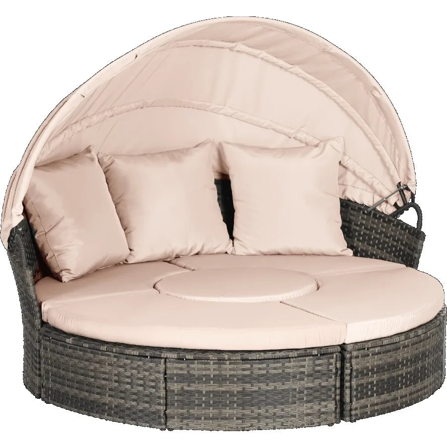 5 Pieces Outdoor Patio Round Daybed Furniture Wicker Conversation Set with Retractable Canopy Soft Cushions and Storable Table