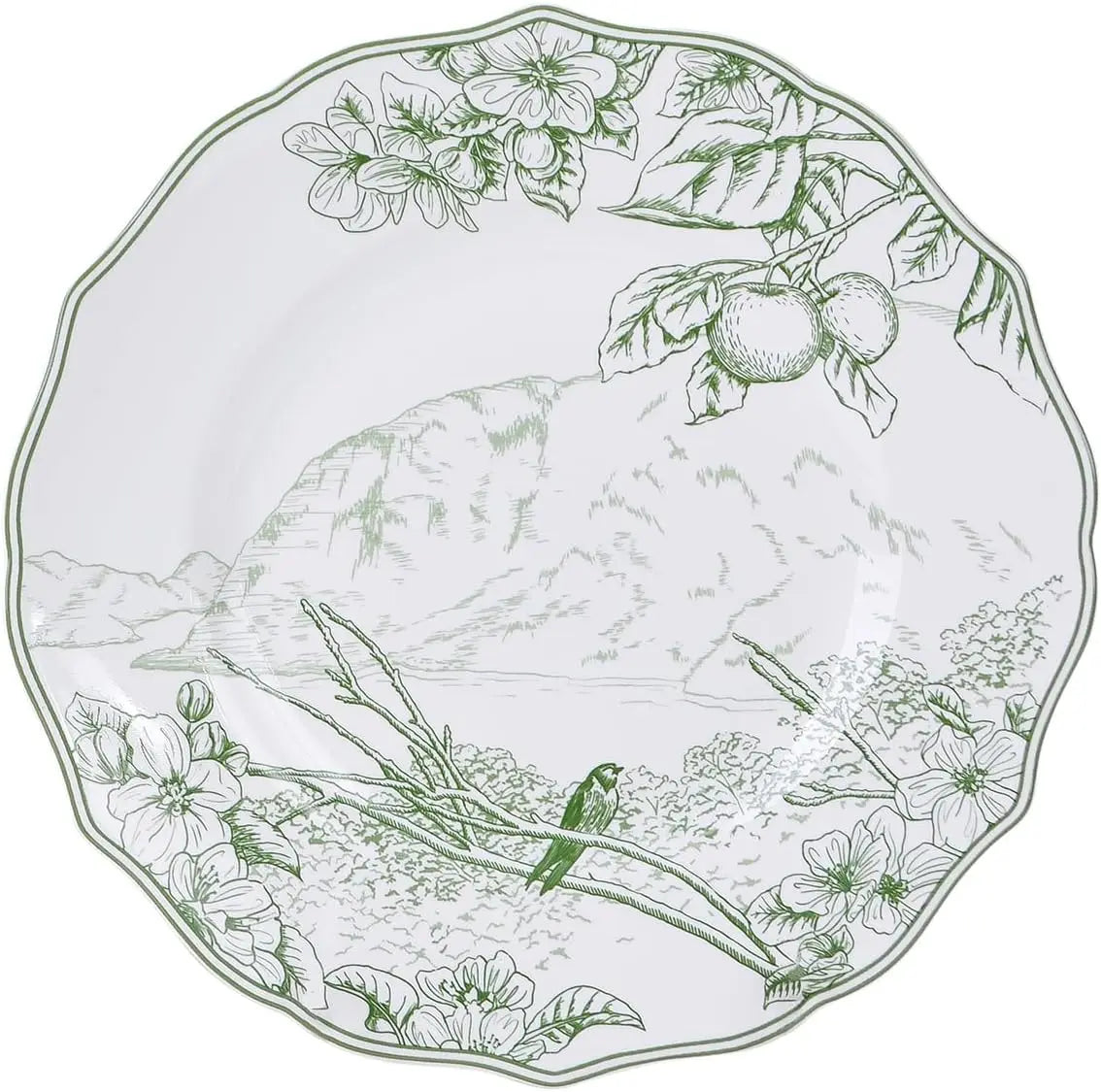 Hudson Valley 12-Piece Porcelain Dinnerware Set - Service for 4, Plate & Bowl Set, White with Green Floral and Fauna Traditional