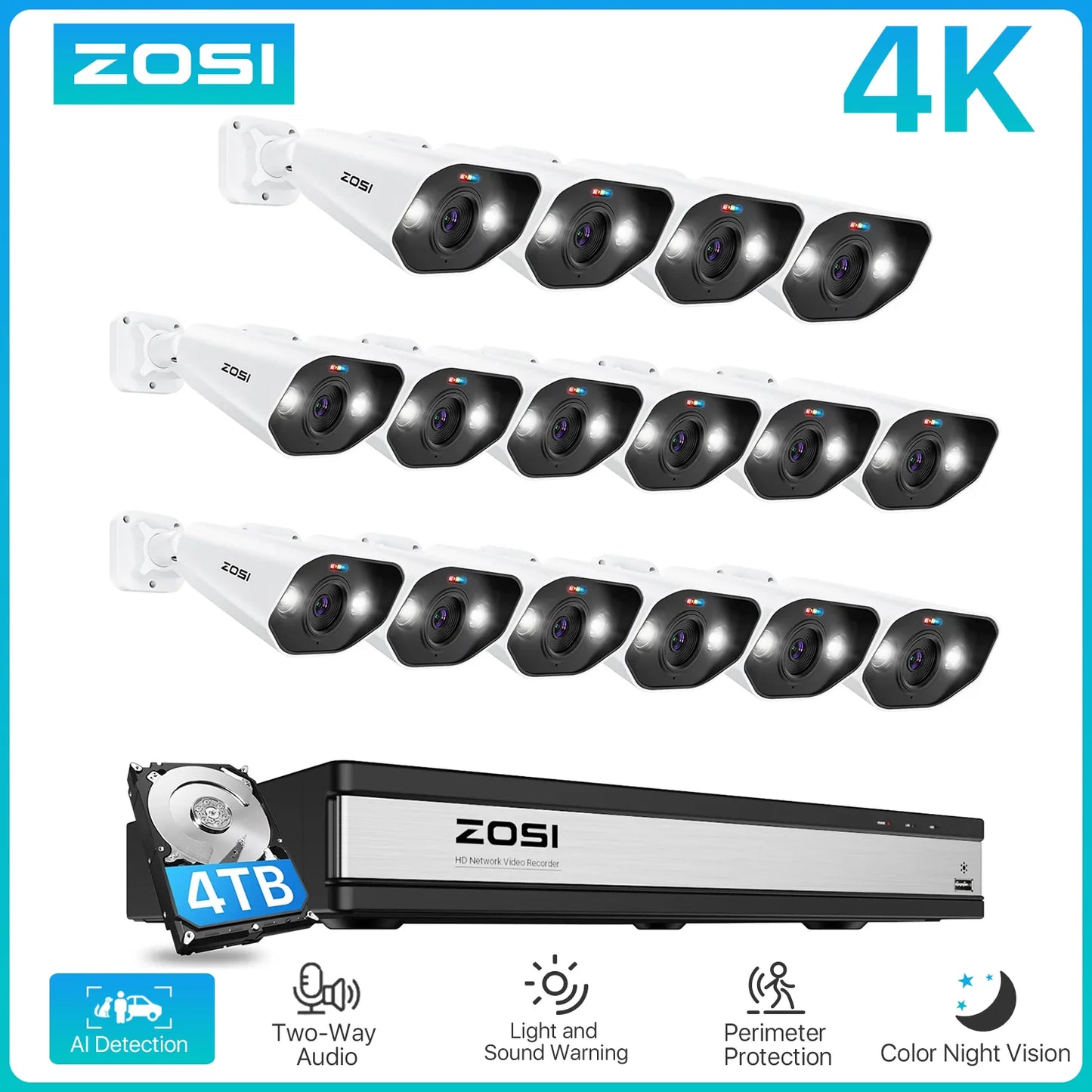 ZOSI 16CH 4K PoE Home Security Camera System 8MP NVR Set Outdoor Indoor Color Night Vision AI IP Camera Video Surveillance Kit