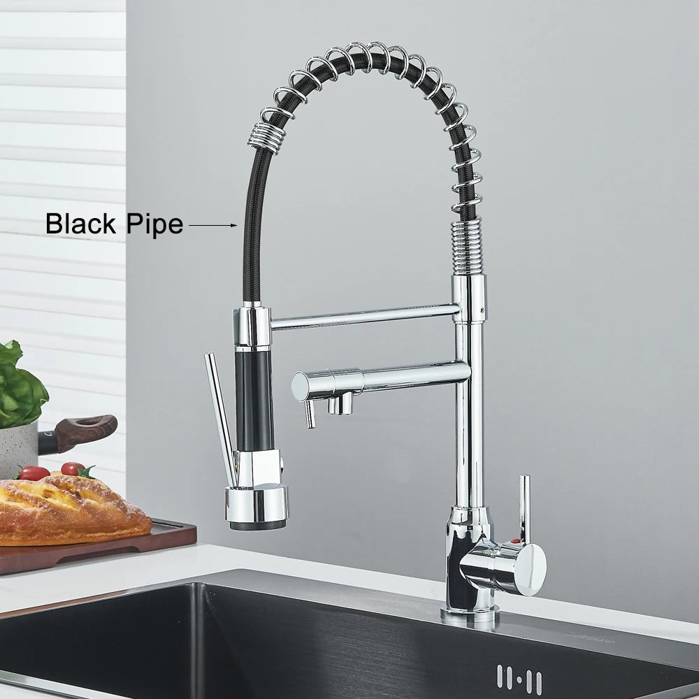 Chrome Brass Kitchen Sink Faucet Pull Down Hot and Cold Water Mixer2 Mode Tap with Dual Spout 360 Rotation Flexible Deck Mounted
