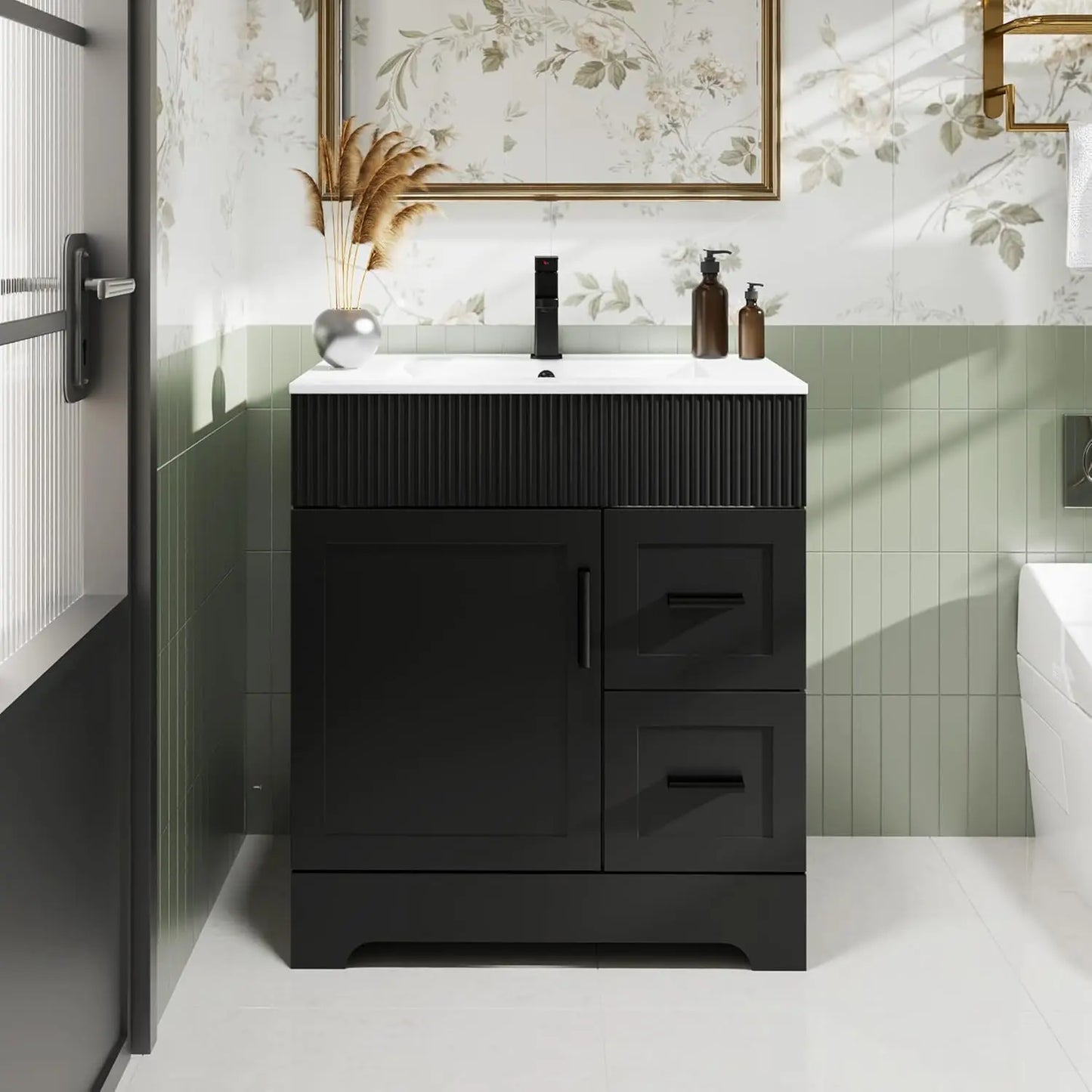 60" Bathroom Vanities Sink Combo with Painted Surface, Modern Drawered Cabinet W/Decorative Wave Lines, Undermount Double Sink