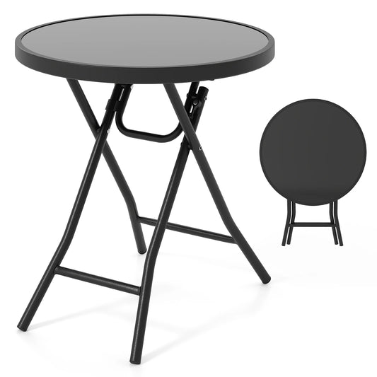 18" Folding Side Table Round Compact Coffee Table w/Tempered Glass Tabletop