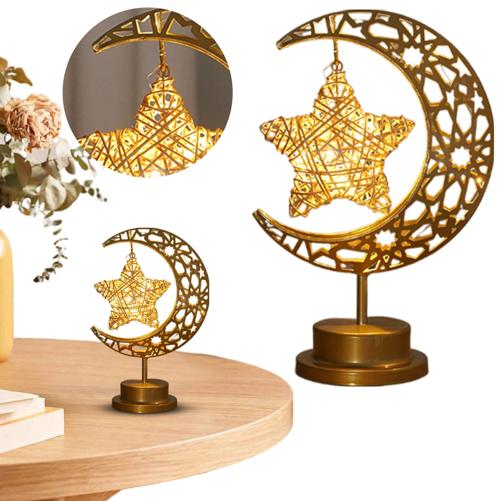LED Night Light Metal LED Star Moon Light Battery Operated Star Table Lamp Office & Home Decor Eid Mubarak Star Moon Light