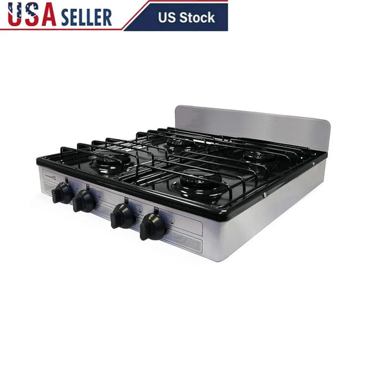 4-Burner Portable Liquid Propane Stove Top with Adjustable Flames and Protective Porcelain Cover Ideal Outdoor Cooking