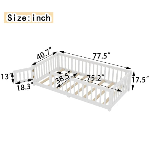 Full Size Bed Floor Bed with Safety Guardrails and Door for Kids, Gray/White/Natural ﻿