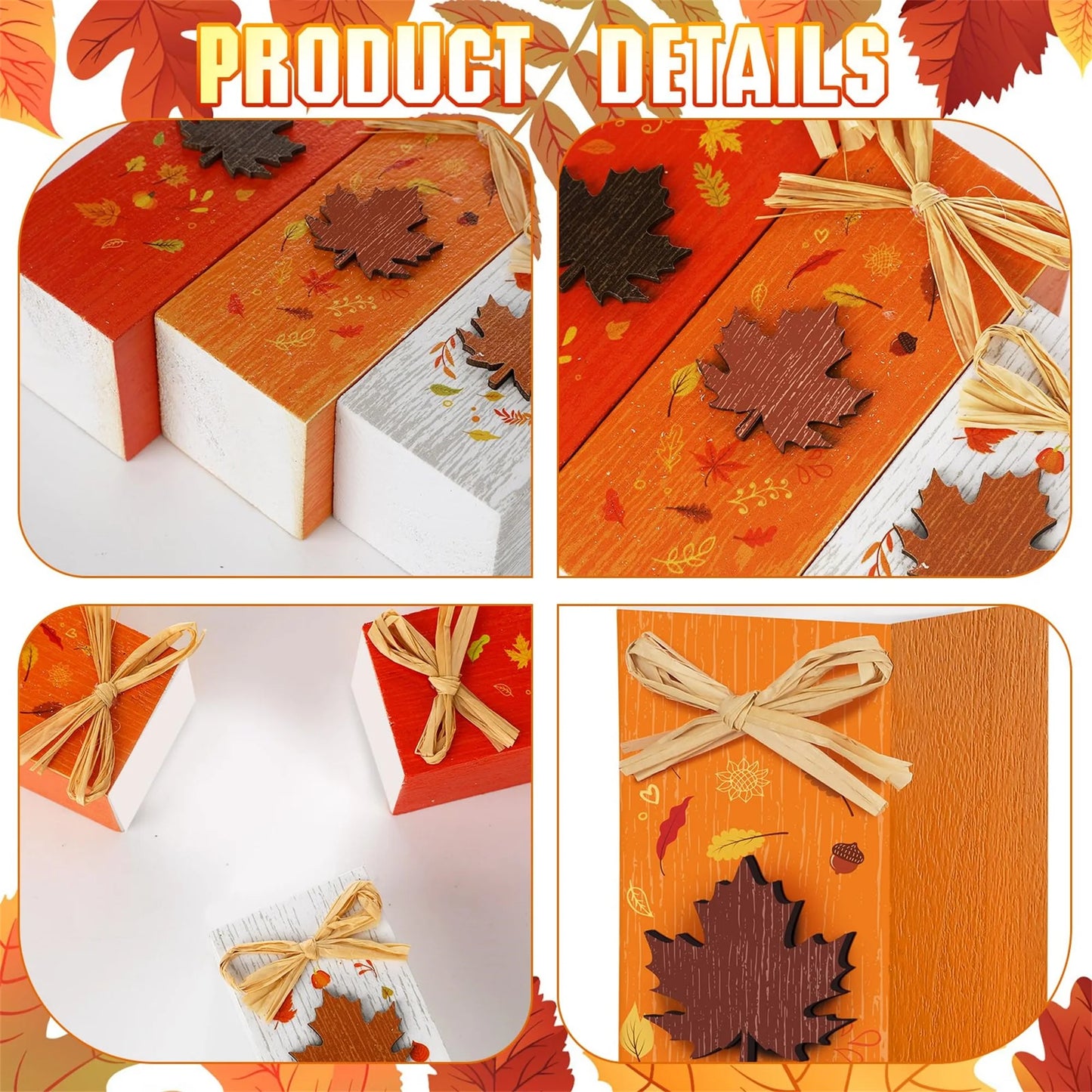 Rustic Autumn Tabletop Decor Set with Wooden Standing Blocks and Letter Print Signs for Tiered Trays 3 Pieces