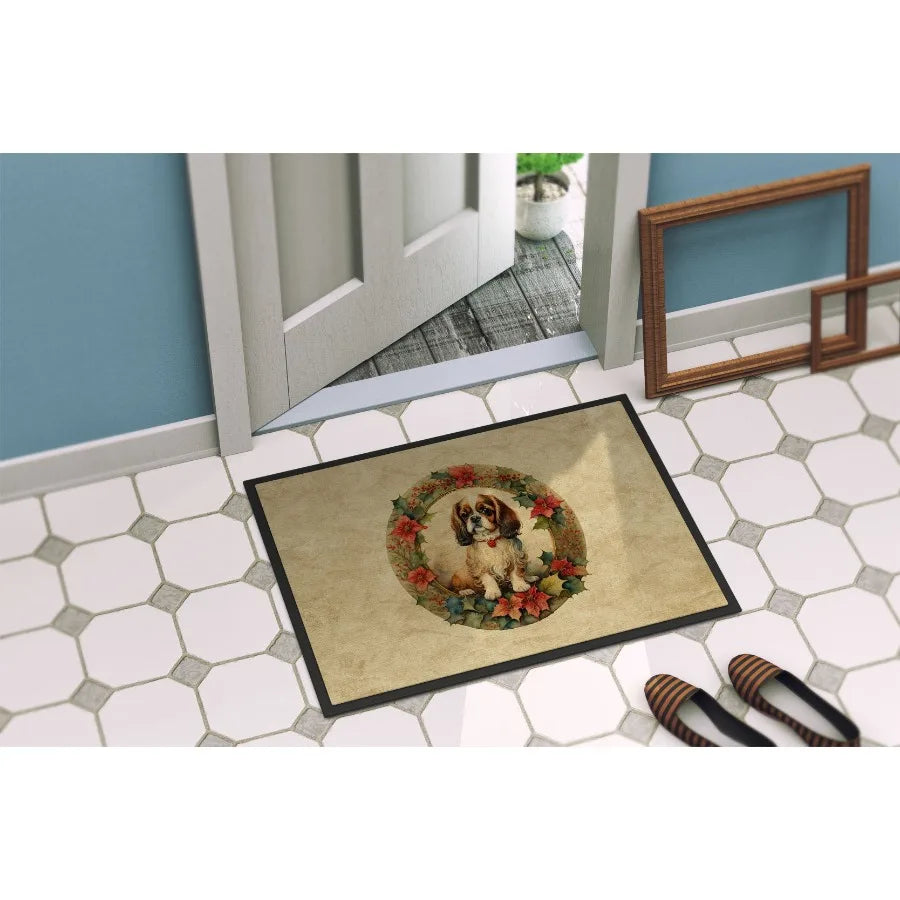 English Toy Spaniel Christmas Flowers Doormat Front Door Mat Indoor Outdoor Rugs for Entryway Non Slip Washable Low Pile 24H X