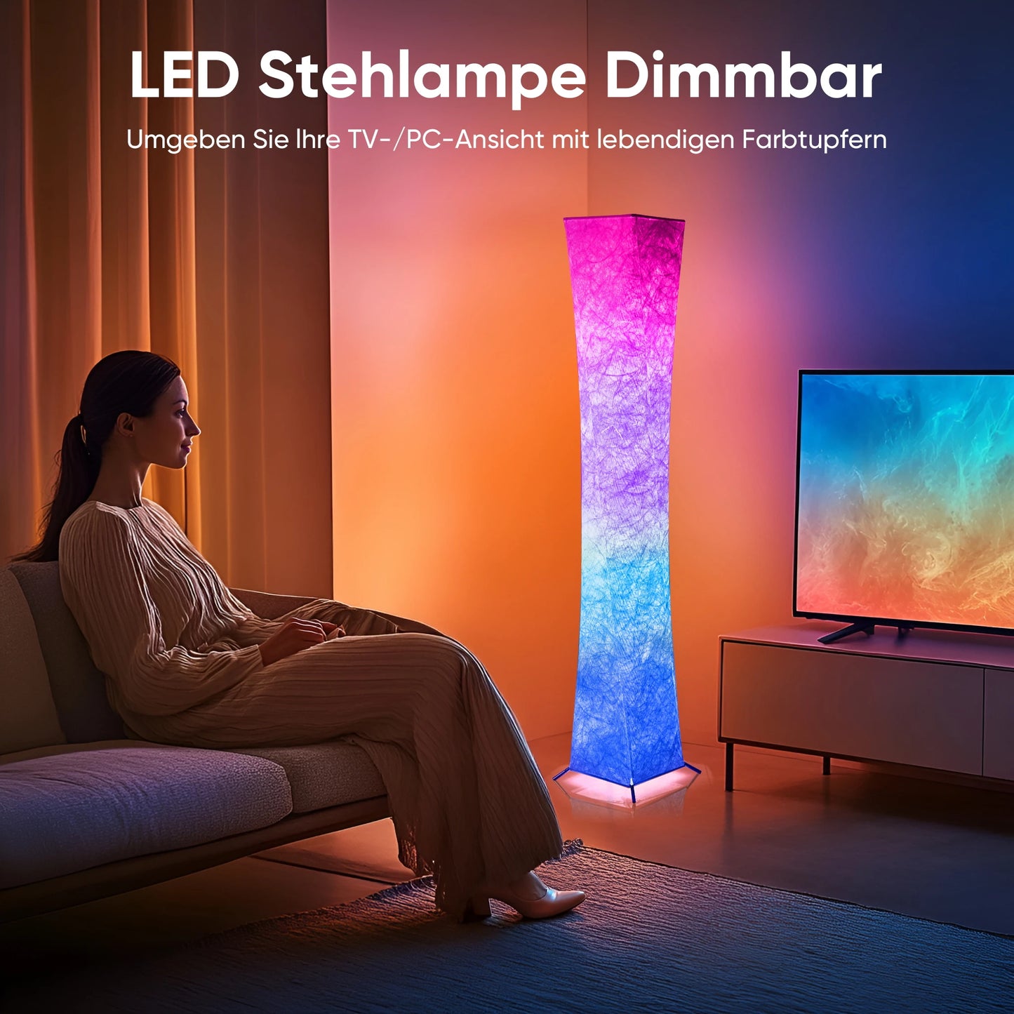 52" Simple Design Soft Light Floor Lamp, Morden Slim RGB 16 Color Changing LED Tyvek Fabric Shade Dimmable Remote Control Stand