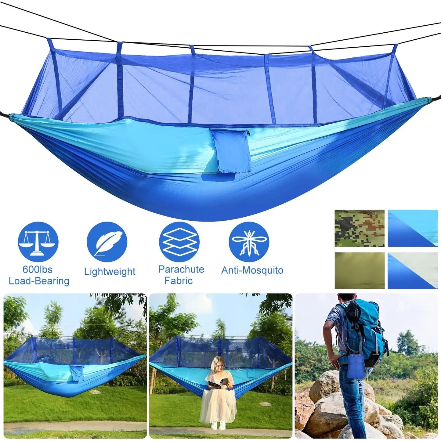 Portable Double Camping Hammock with Mosquito Net - 600lbs Capacity for 2, Nylon Swing Bed, Includes Strap & Carry Bag