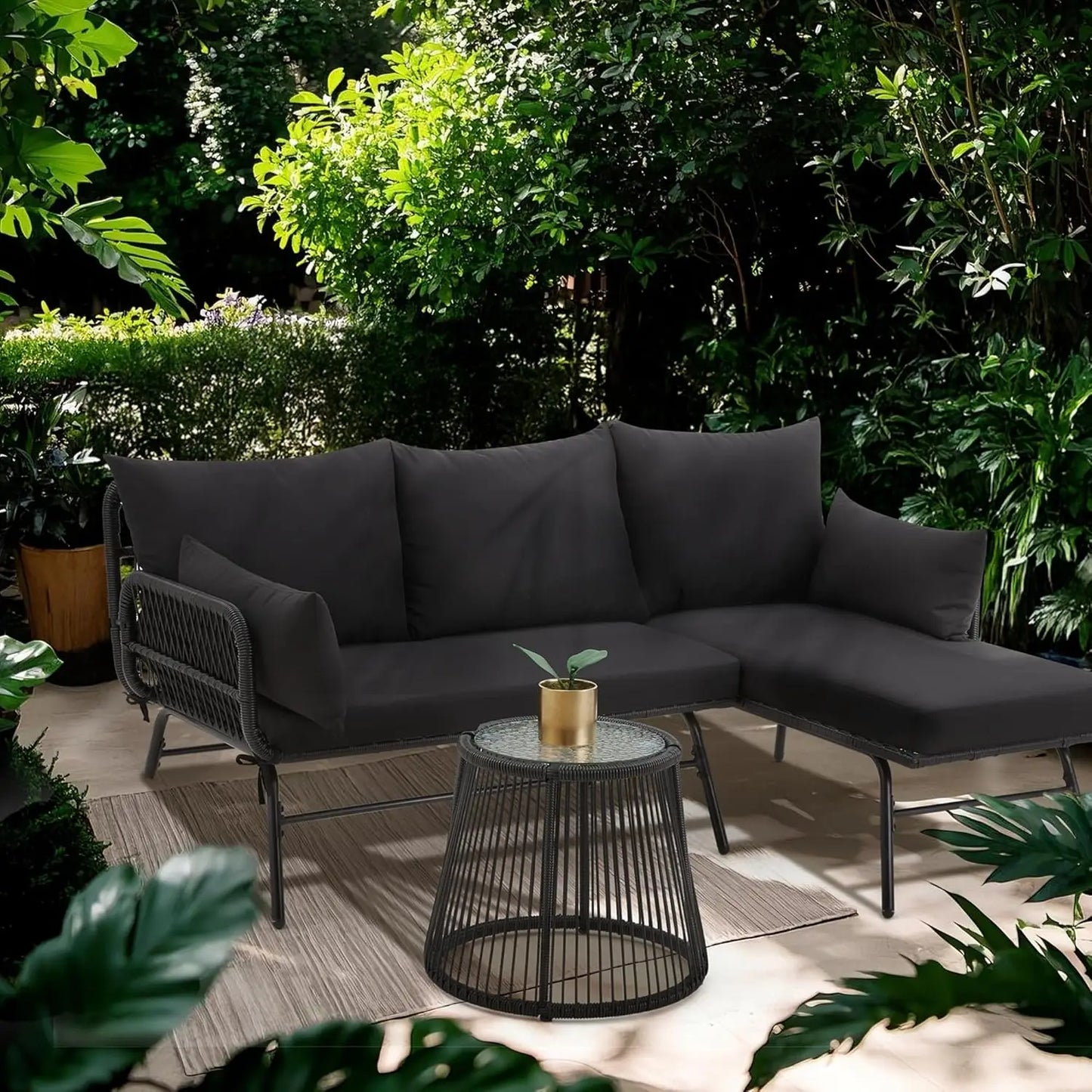 3-Piece Outdoor Patio Furniture Set, L-Shaped Rattan Sectional Sofa with Thick Cushions, Glass Coffee Table
