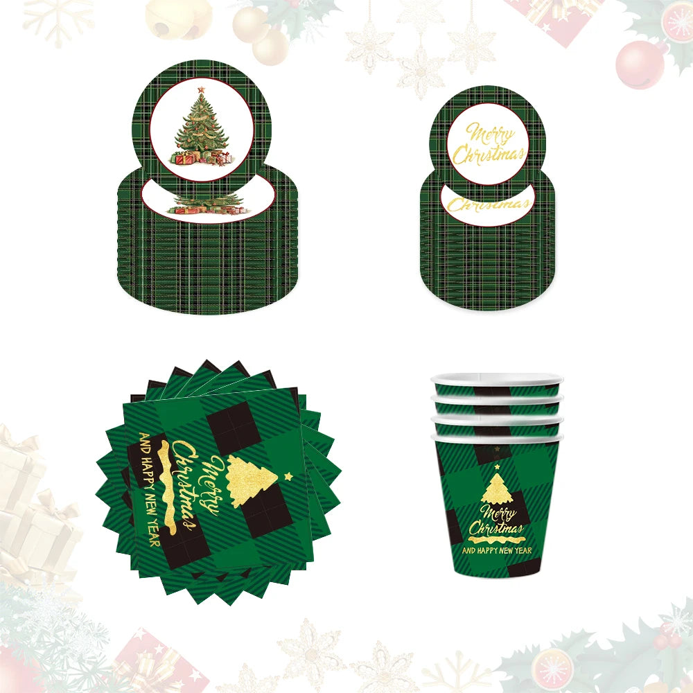 USA Stock Paper Plate Paper Cup Napkin Collection Christmas Tree Party 10 Gusets Paper Tableware Set