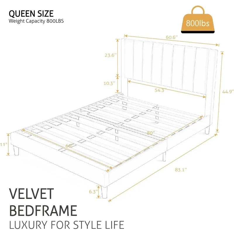 SHA CERLIN Queen Bed Frame/Velvet Upholstered Platform Bed Frame Headboard Strong Wood Slats Support/Mattress Foundation Black