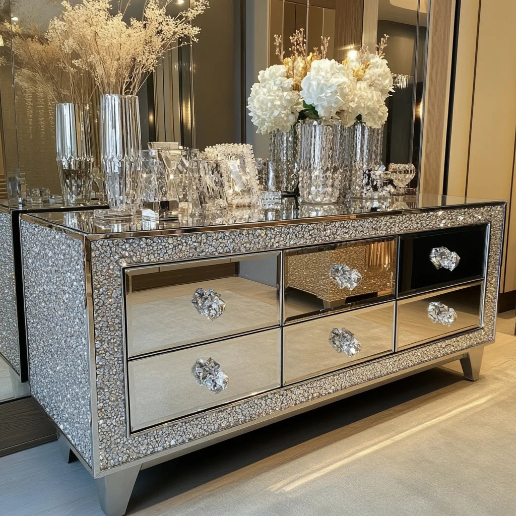 XMSJ Floating Crystal Mirrored Diamond TV Cabinet Stand