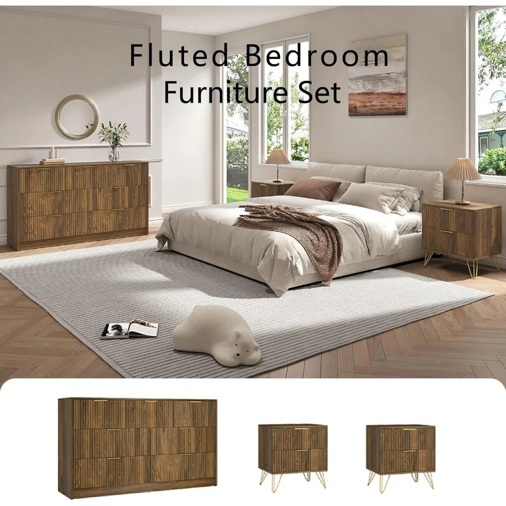 7 Drawer Dresser and Nightstand Sets for Bedroom, 3 Pcs Bedroom Set，Night Stand Set of 2 & 7 Drawer Dresser with Gold Handles, W