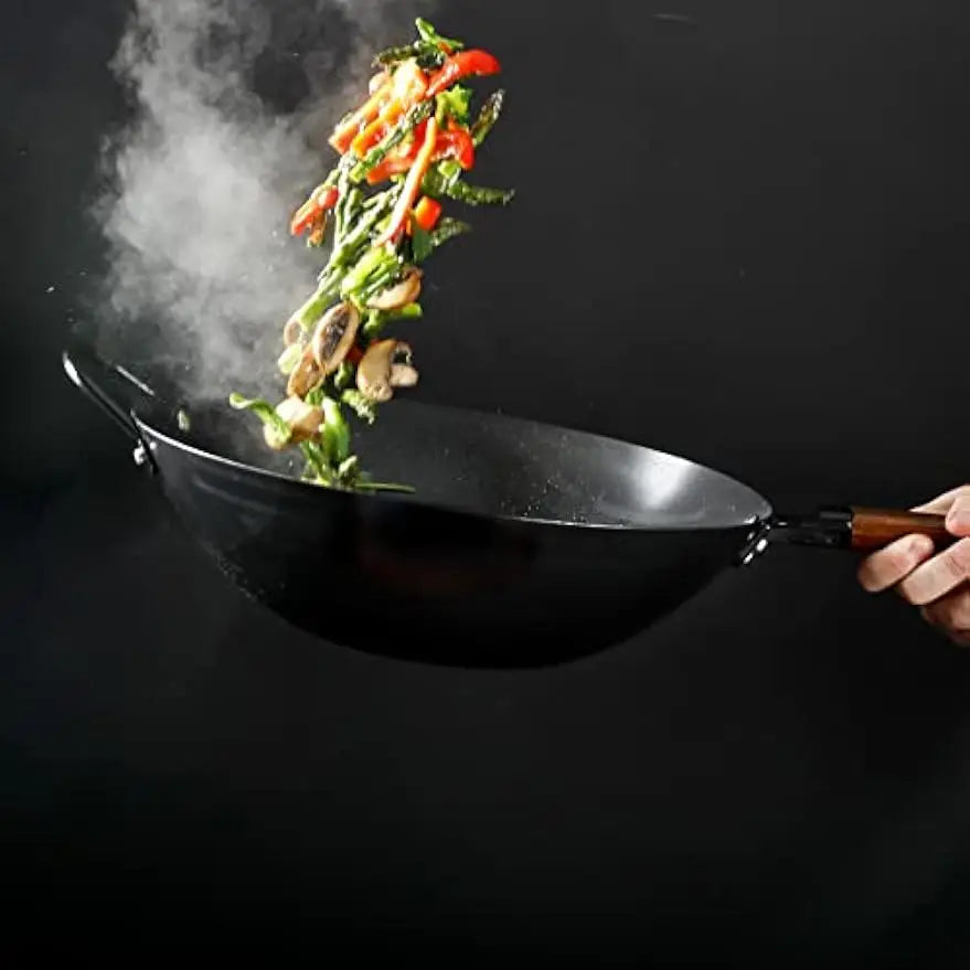 14-Inch Carbon Steel Flat Bottom Wok Pan for Stir Frying, Even Heat Distribution & Nonstick
