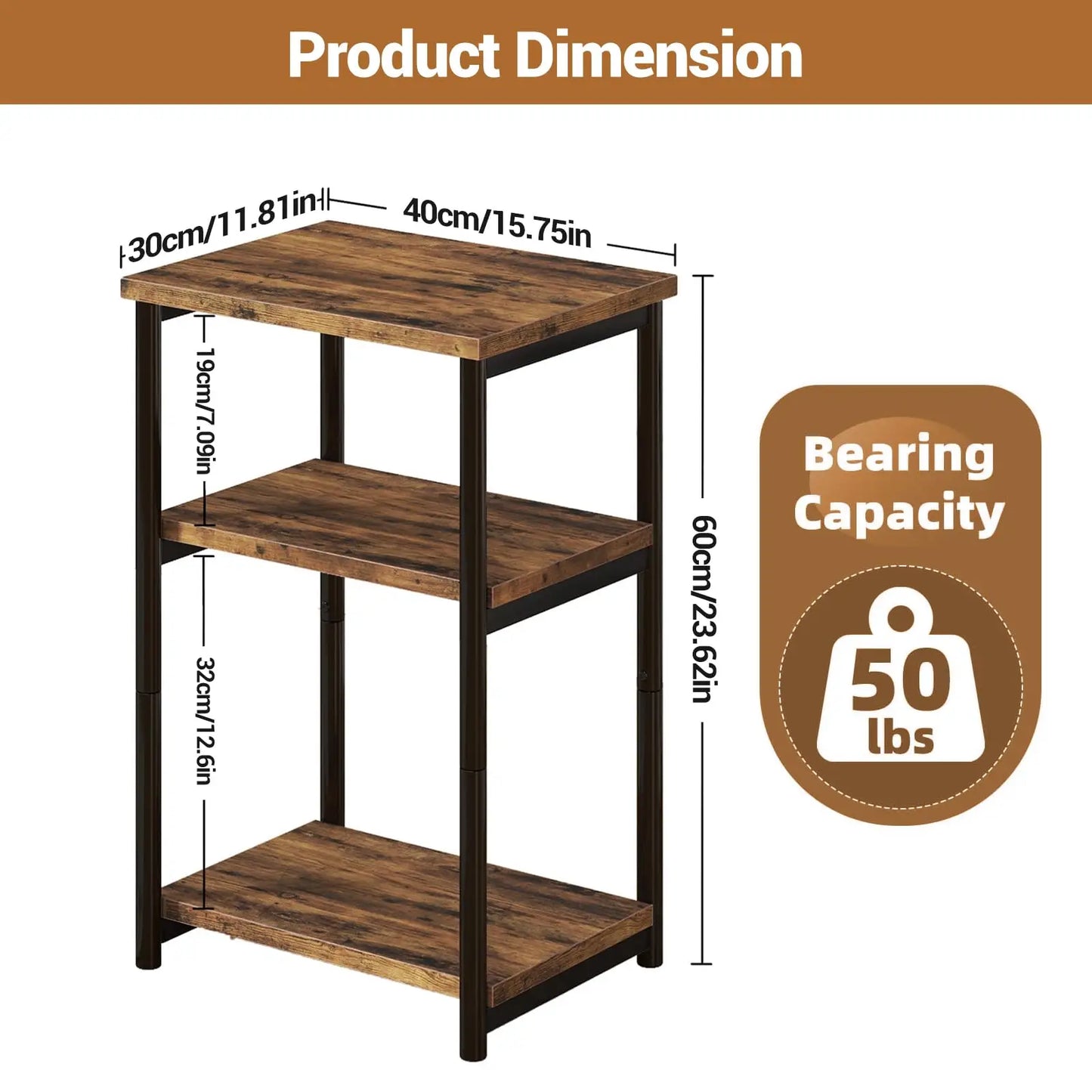 3 Tier End Table, Tall Side Table with Storage, Telephone Tables with Metal Frame Small Nightstand for Small Spaces