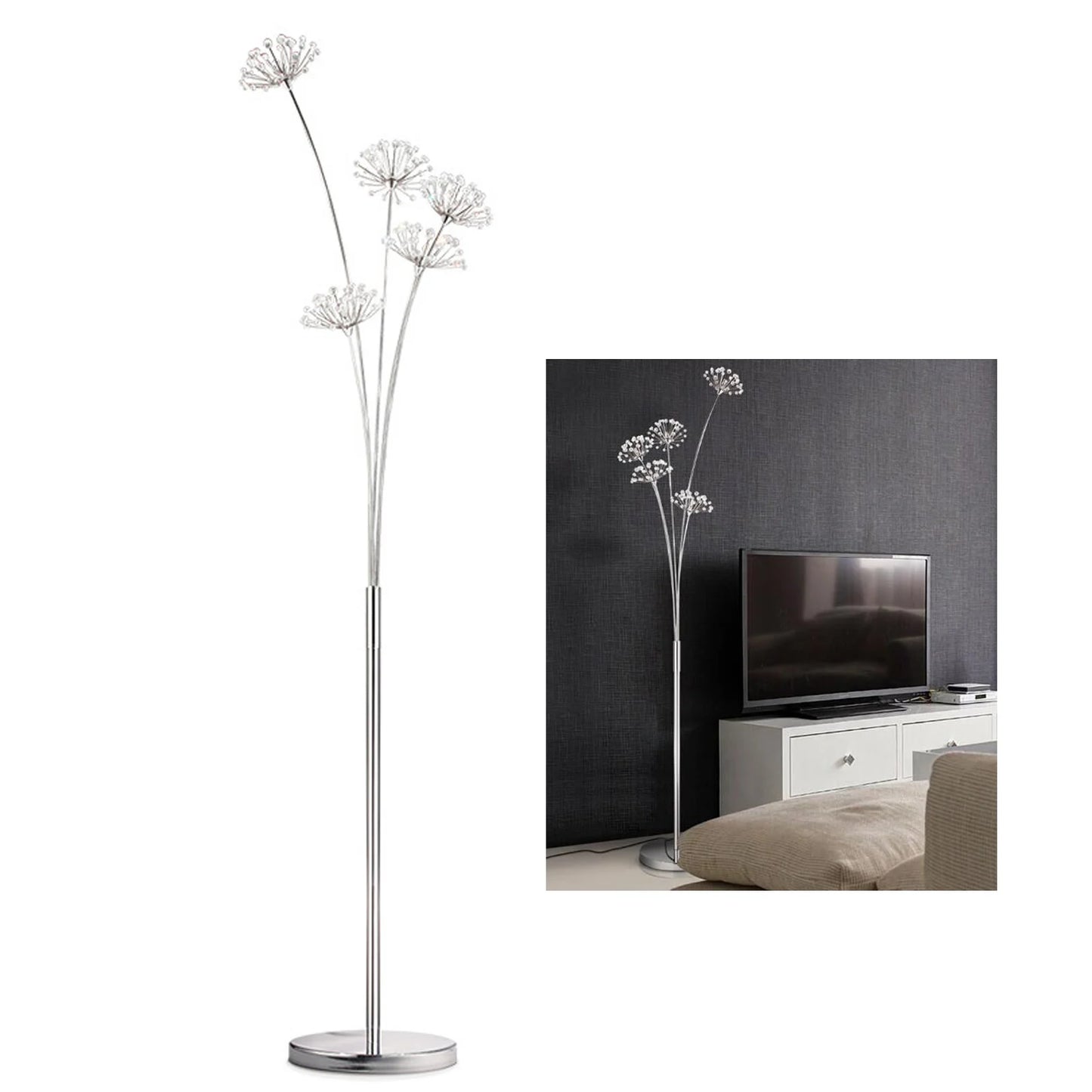 Silver Crystal Floor Lamp, 5-Head, Modern Design, 175cm Height, Stylish Lighting for Living Room