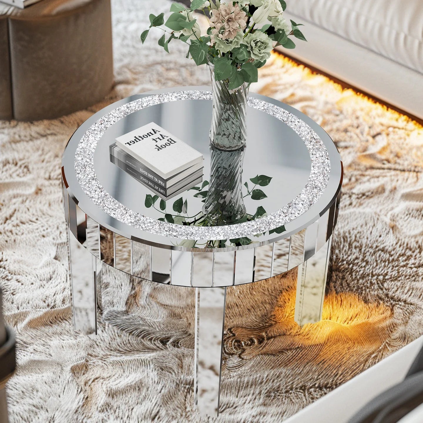 LUVODI Luxury Round Mirrored Side Table Diamonds Inlay