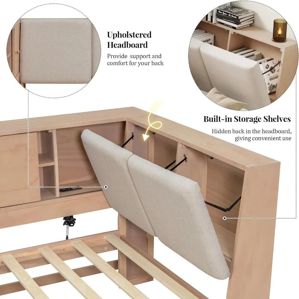 Full Daybed with Storage Bookcase,Upholstered Headboard and Charging Station,Solid Wood Full Captain Bed with Storage Drawers C