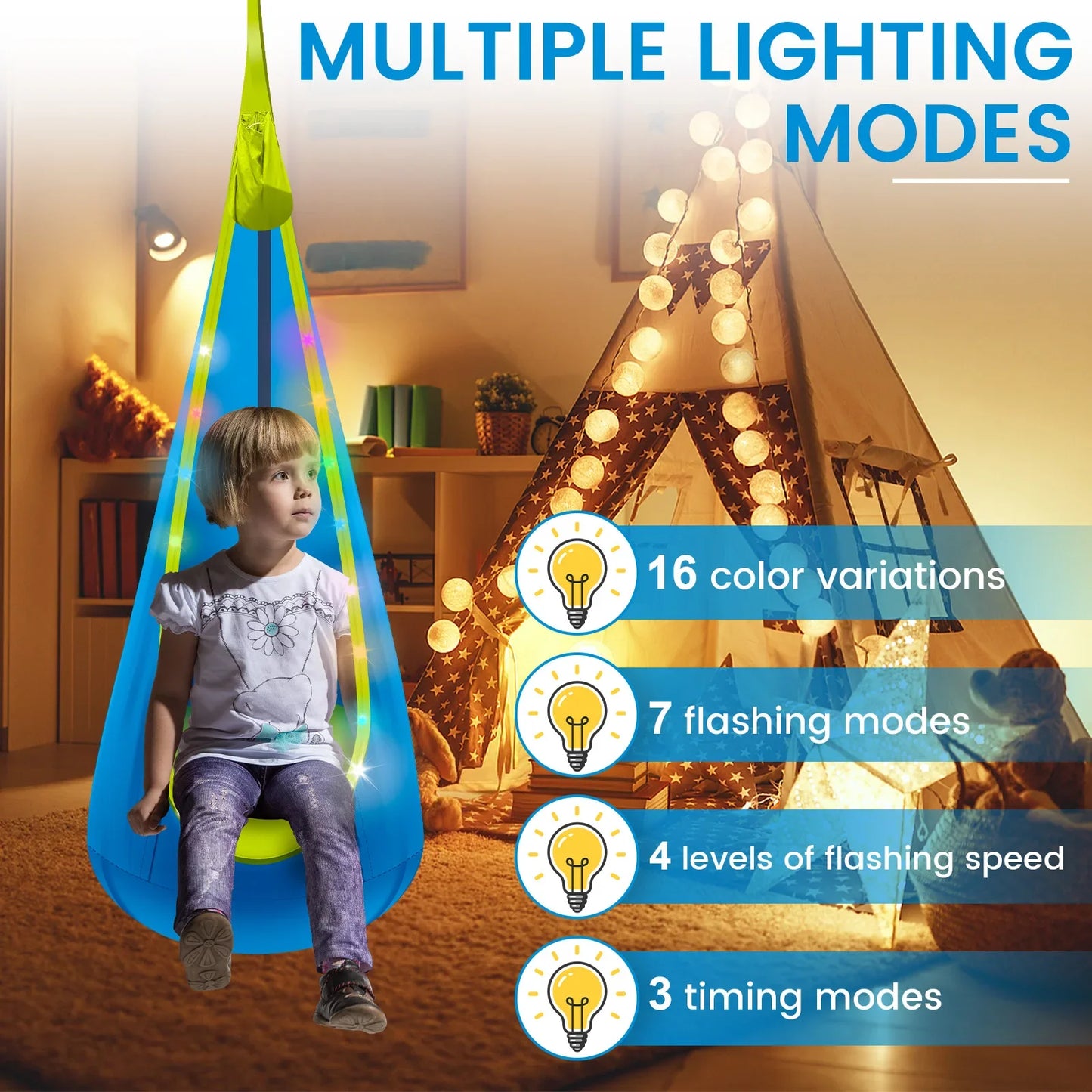 Inflatable Swing Chair Children Hanging Hammock With LED Light Comfortable Adjustable Light up Pod Swing for Indoor and Outdoor