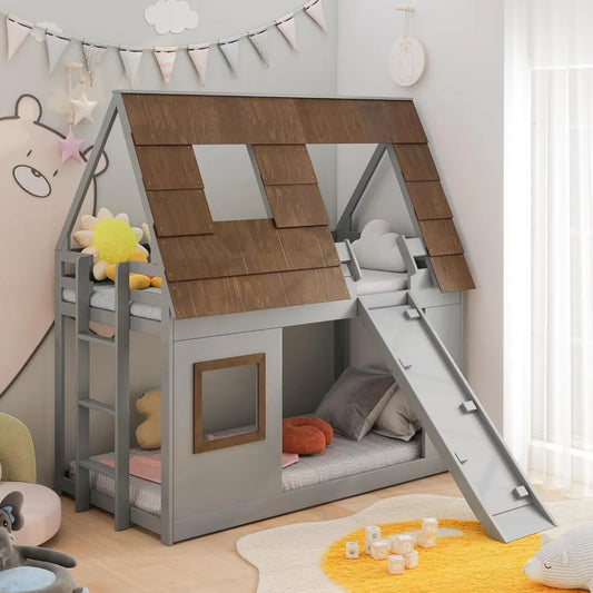 Twin Over Twin House Bunk Bed for Kids, Wood Bunk Bed Frame with Window Roof Design and Guardrail, Montessori Floor Bunk Bed Fra
