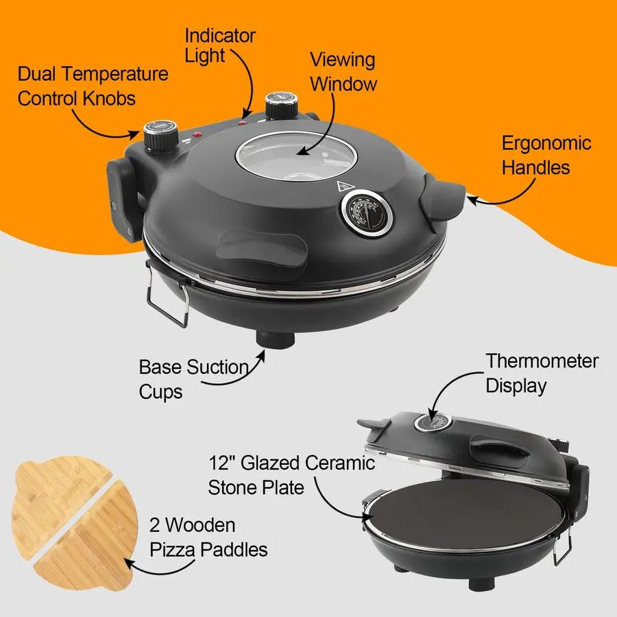 Oven Indoor, 12 Inch Retro Pizza Maker, Rapid Heating 800F, 1200W Glazed Ceramic Stone Electric Pizza Cooker, Twobutton Precise