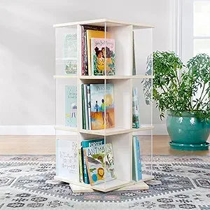 EdQ Rotating Book Display - White: Spinning Plywood Storage Bookshelf with Acrylic Windows for Kids Classroom, Playroom, or Bed