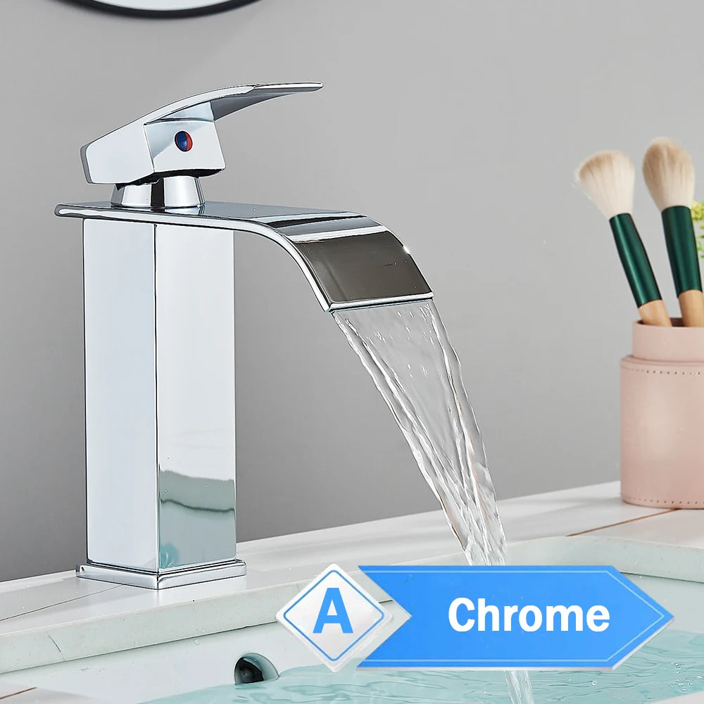 Rozin Hot Cold Water Basin Faucet Waterfall Bathroom Vanity Sink Faucets Single Lever Chrome/Black Brass Washing Mixer Taps