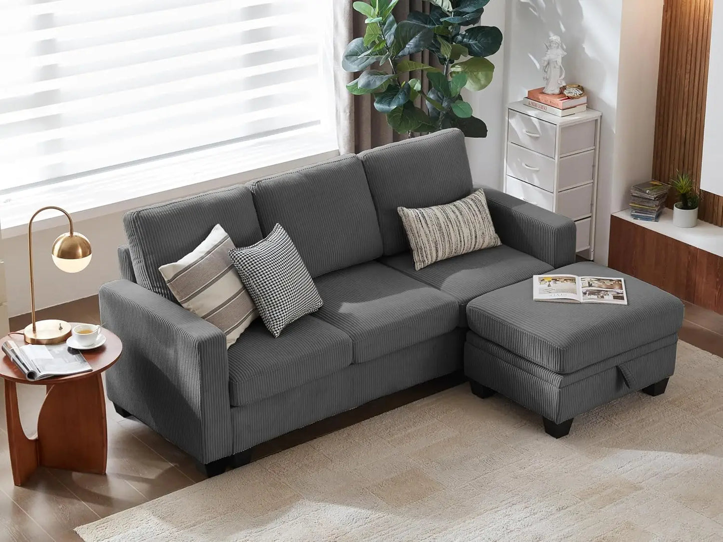 Corduroy Modular Sectional Couch with Ottoman Chaise, L/U Shaped Sleeper Sofa for Living Room, Apartment, Lounge