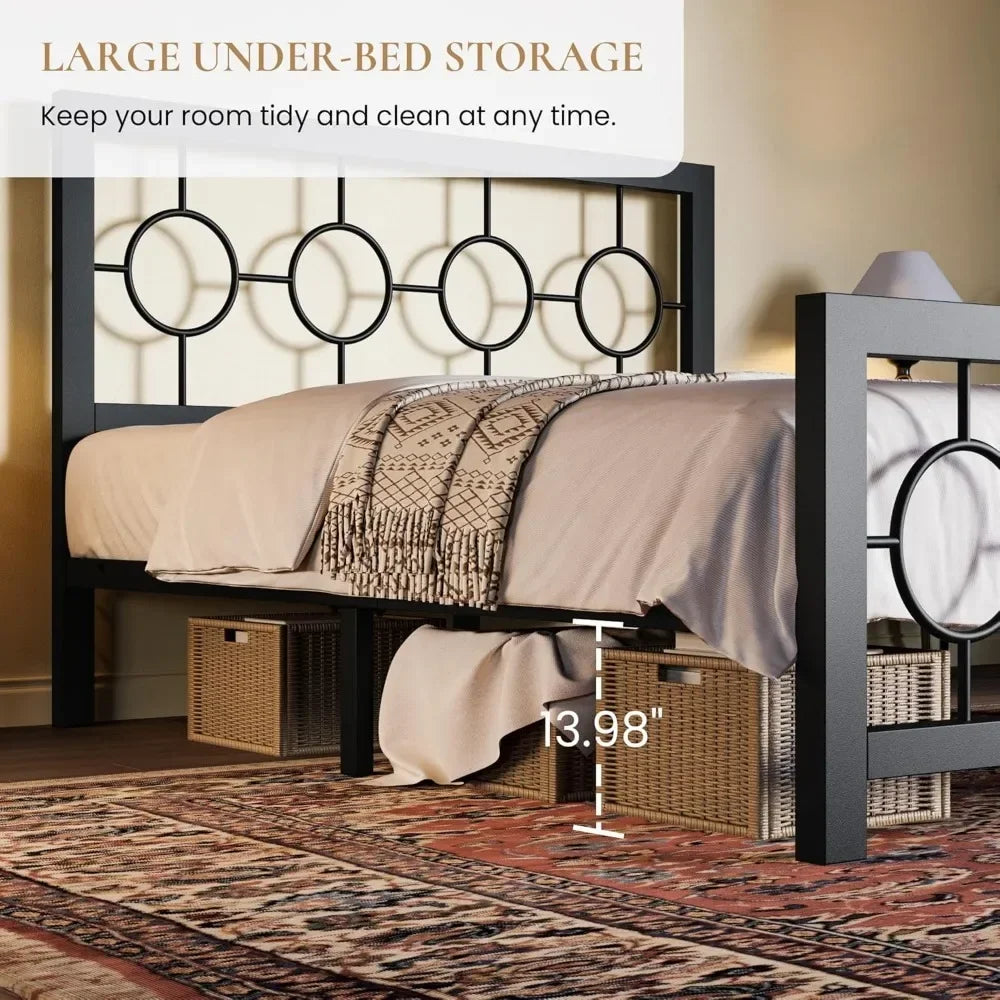Full Size Bed Frame with Vintage Circular Design Headboard and Footboard, No Box Spring Required, Easy Assembly, Noise-Free