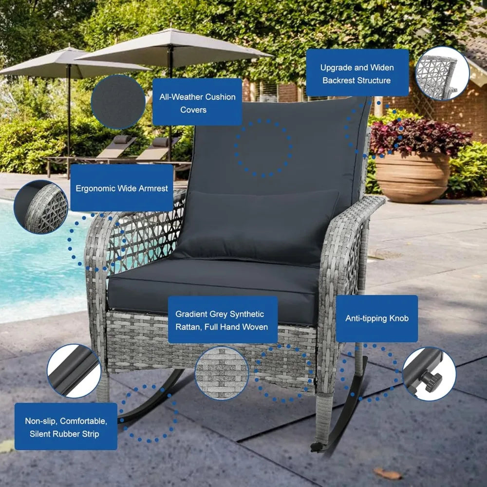3-Piece Outdoor Furniture Set, Patio Conversation Chair, Wicker Cushioned Patio Rocker with Side Table for Porch, Garde