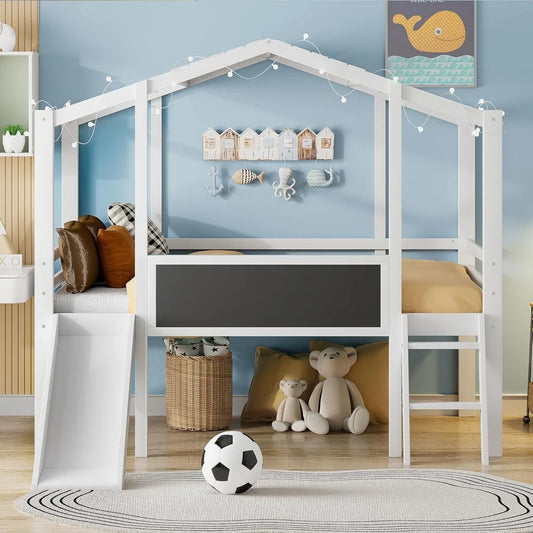 FAROUCHE Loft Bed Twin Size with Slide, Elegant Twin House Bed Frame with Blackboard and Light Strip, Solid Wood Playhouse Bed w