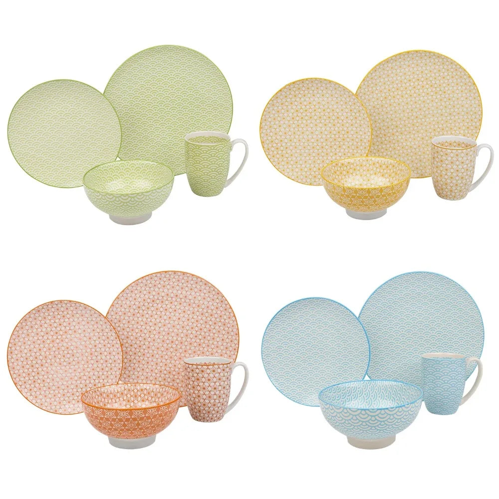 Vancasso Natsuki 16PCS tableware Porcelain Multi-Colour Japanese-style Dinnerware Set with 4 Dinner Plate Dessert Plate Bowl Mug