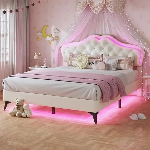 Full Size Girl Bed with 2 Storage Drawers & LED Lights, Upholstered Platform Bed, Adjustable Headboard with Velvet Crystal Butto