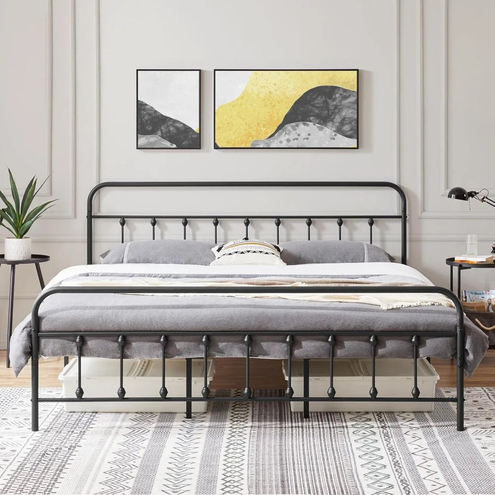 Classic Metal Platform Bed Frame Mattress Foundation with Victorian Style Iron-Art Headboard/Footboard/Under Bed Storage