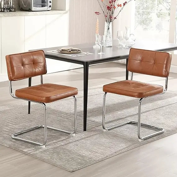 Mid Century Modern Upholstered Leather Dining Chairs, Set of 2 with Stainless Steel and Chrome Legs