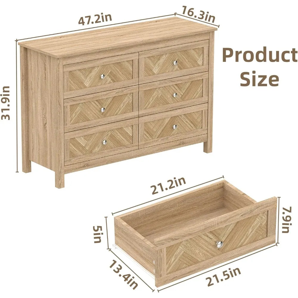 3 Pieces Bedroom Set with 6 Drawer Dresser and 2 Drawer Nightstands, Wooden Dresser and Nightstands for Living Room, Bedroom, Na
