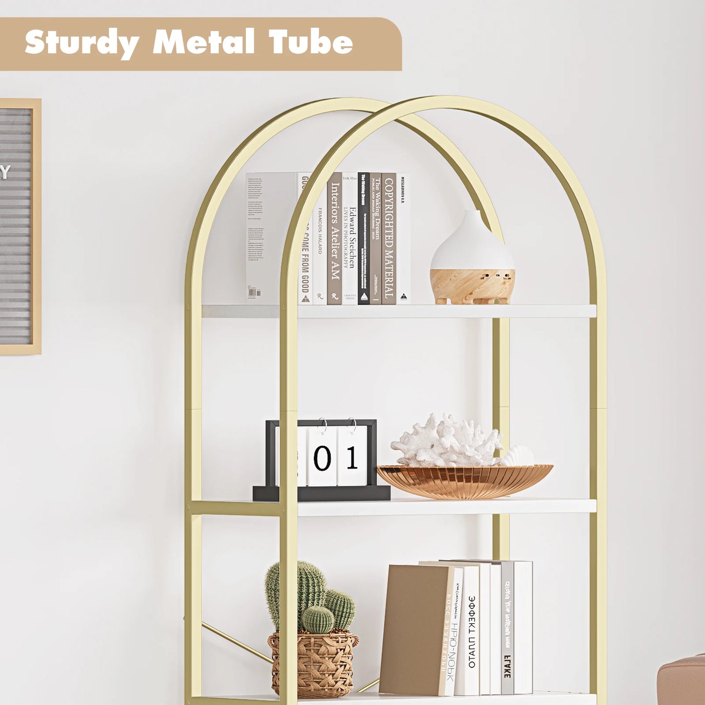 5 Tier Bookshelf Arched Display Shelves Tall Standing Bookshelves Metal Frame Modern Storage Rack Shelf Large Wooden Bookcase