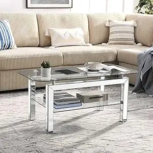 Luxury Silver Mirrored Coffee Table with Crystal Accents