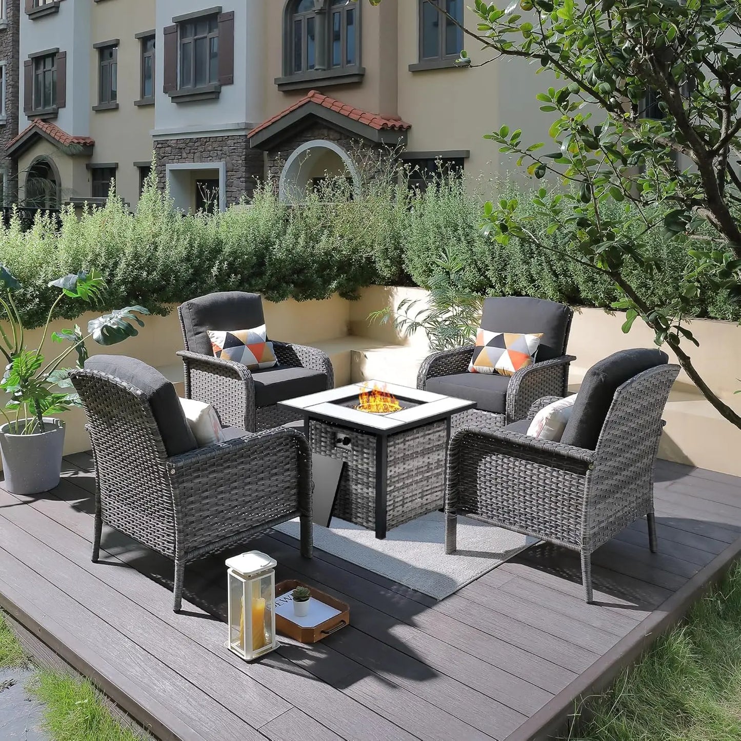4 Pieces Patio Furniture Set with 30" Fire Pit Table, Outdoor Wicker Chairs of 4, All Weather High Back Rattan Chairs 4-Seater w