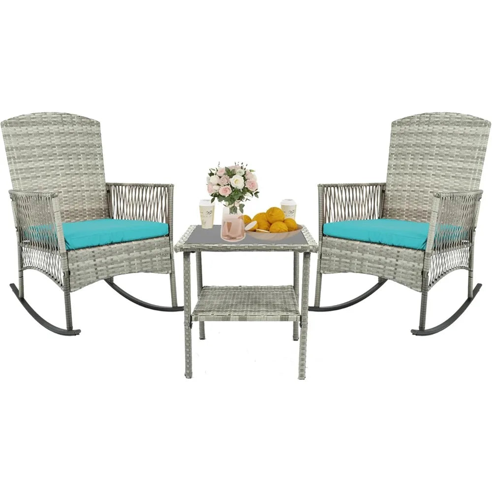 3 Piece Patio Conversation Set, Outdoor Rocking Chairs Set of 2, Wicker Furniture Set with Glass Top Coffee Table and Cushions