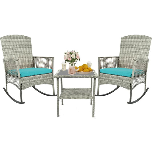 3 Piece Patio Conversation Set, Outdoor Rocking Chairs Set of 2, Wicker Furniture Set with Glass Top Coffee Table and Cushions
