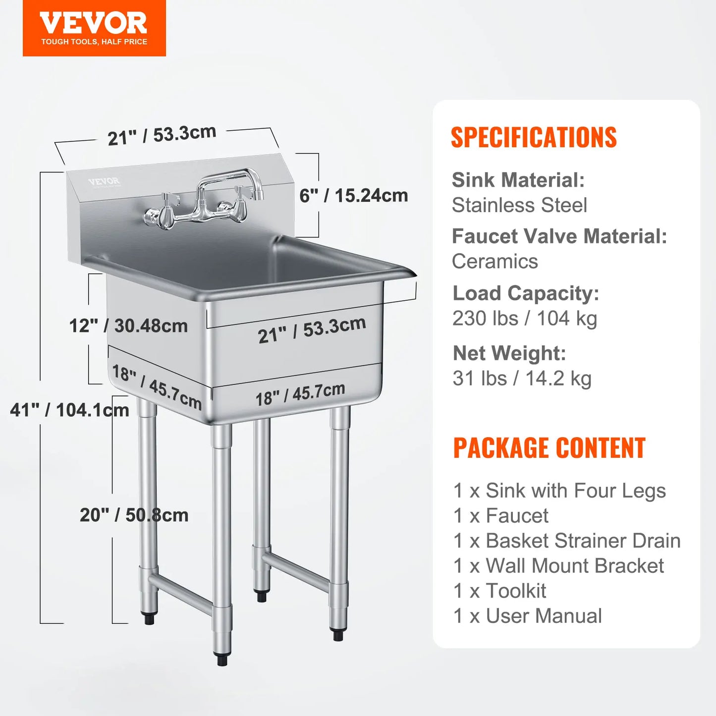 SucceBuy Stainless Steel Kitchen Prep & Utility Sink 1 Compartment Restaurant Commercial Steel Sink w/Faucet for Restaurant Home