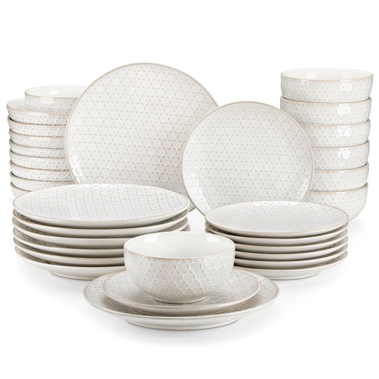 MALACASA LYDIA 16/32 Piece Stoneware Plates Dinner Set White Embossment Dinnerware Set with 6pcs Dinner plate/Dessert/Bowl/Soup